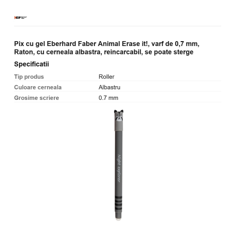 Pix cu gel Eberhard Faber Animal Erase it!, varf de 0,7 mm, Raton, cu cerneala albastra, reincarcabil, se poate sterge [2]