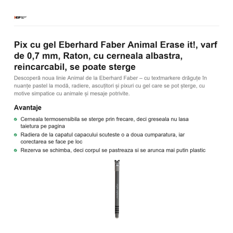 Pix cu gel Eberhard Faber Animal Erase it!, varf de 0,7 mm, Raton, cu cerneala albastra, reincarcabil, se poate sterge [1]