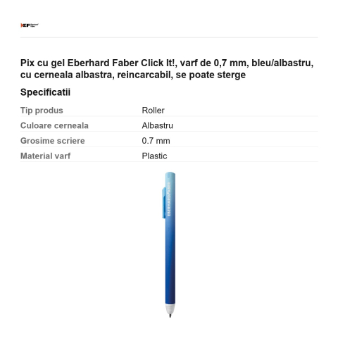Pix cu gel Eberhard Faber Click It!, varf de 0,7 mm, bleu/albastru, cu cerneala albastra, reincarcabil, se poate sterge [2]