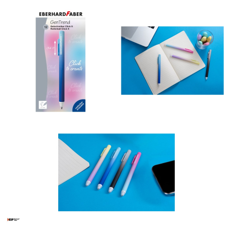 Pix cu gel Eberhard Faber Click It!, varf de 0,7 mm, bleu/albastru, cu cerneala albastra, reincarcabil, se poate sterge [3]