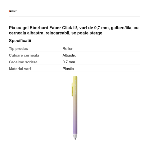 Pix cu gel Eberhard Faber Click It!, varf de 0,7 mm, galben/lila, cu cerneala albastra, reincarcabil, se poate sterge [2]
