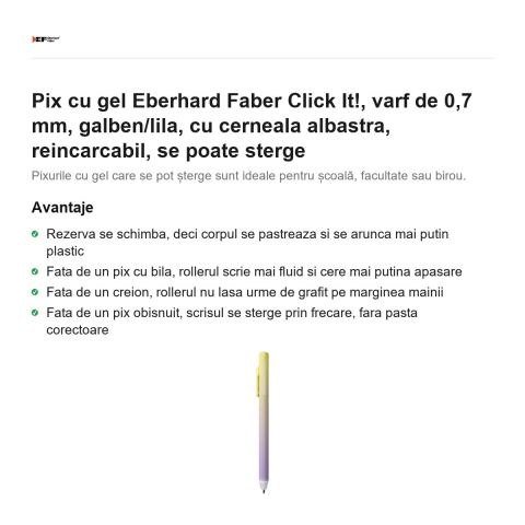 Pix cu gel Eberhard Faber Click It!, varf de 0,7 mm, galben/lila, cu cerneala albastra, reincarcabil, se poate sterge [1]