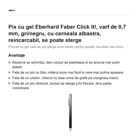 Pix cu gel Eberhard Faber Click It!, varf de 0,7 mm, gri/negru, cu cerneala albastra, reincarcabil, se poate sterge [1]