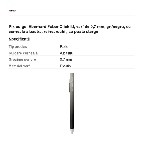 Pix cu gel Eberhard Faber Click It!, varf de 0,7 mm, gri/negru, cu cerneala albastra, reincarcabil, se poate sterge [2]