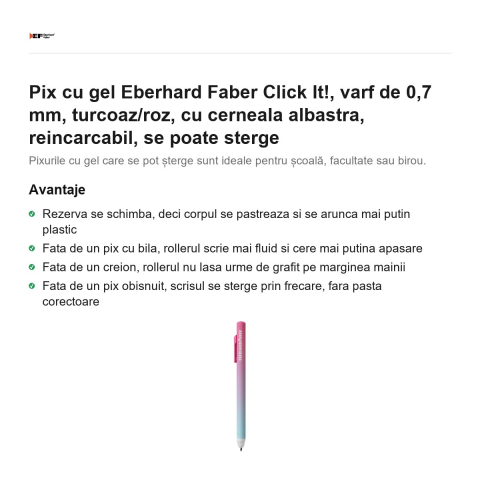 Pix cu gel Eberhard Faber Click It!, varf de 0,7 mm, turcoaz/roz, cu cerneala albastra, reincarcabil, se poate sterge [1]