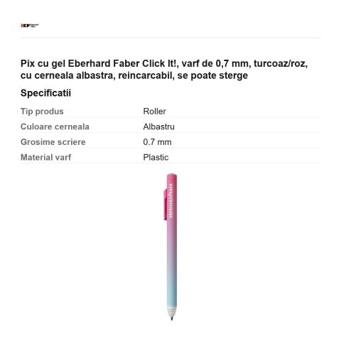 Pix cu gel Eberhard Faber Click It!, varf de 0,7 mm, turcoaz/roz, cu cerneala albastra, reincarcabil, se poate sterge [2]