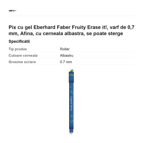 Pix cu gel Eberhard Faber Fruity Erase it!, varf de 0,7 mm, Afina, cu cerneala albastra, se poate sterge [2]