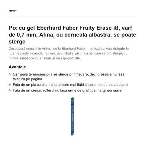 Pix cu gel Eberhard Faber Fruity Erase it!, varf de 0,7 mm, Afina, cu cerneala albastra, se poate sterge [1]
