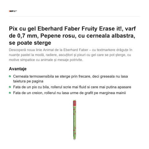 Pix cu gel Eberhard Faber Fruity Erase it!, varf de 0,7 mm, Pepene rosu, cu cerneala albastra, se poate sterge [1]