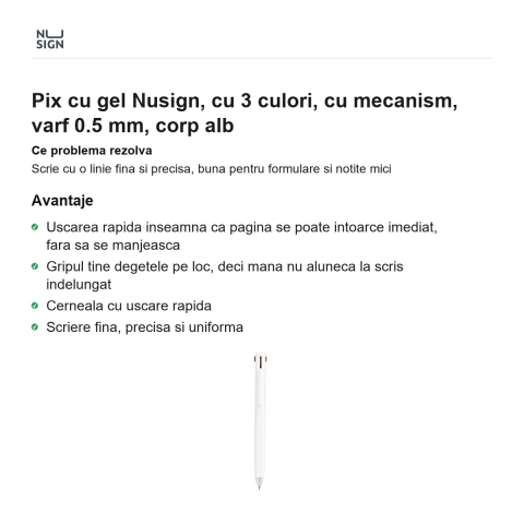 Pix cu gel Nusign, cu 3 culori, cu mecanism, varf 0.5 mm, corp alb [1]