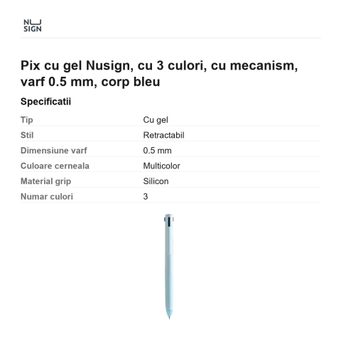 Pix cu gel Nusign, cu 3 culori, cu mecanism, varf 0.5 mm, corp bleu [2]