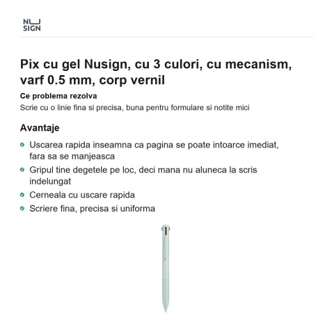 Pix cu gel Nusign, cu 3 culori, cu mecanism, varf 0.5 mm, corp vernil [1]