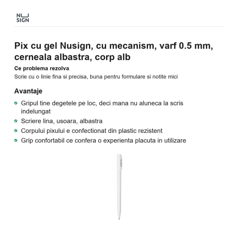 Pix cu gel Nusign, cu mecanism, varf 0.5 mm, cerneala albastra, corp alb [1]