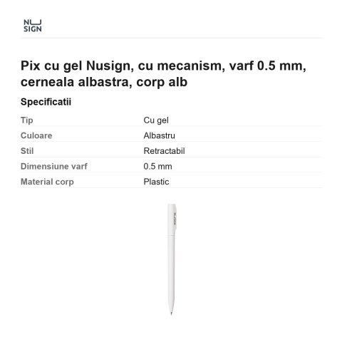 Pix cu gel Nusign, cu mecanism, varf 0.5 mm, cerneala albastra, corp alb [2]