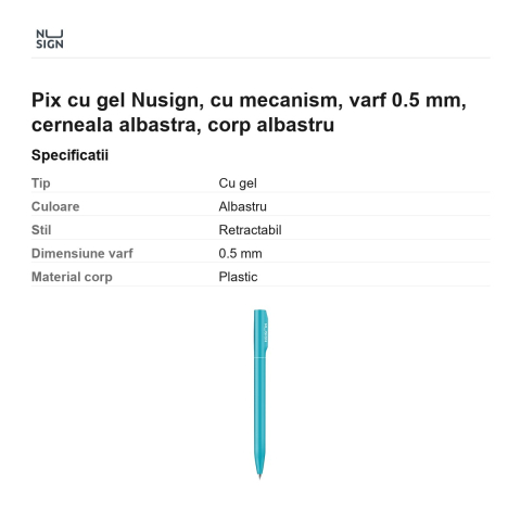 Pix cu gel Nusign, cu mecanism, varf 0.5 mm, cerneala albastra, corp albastru [2]