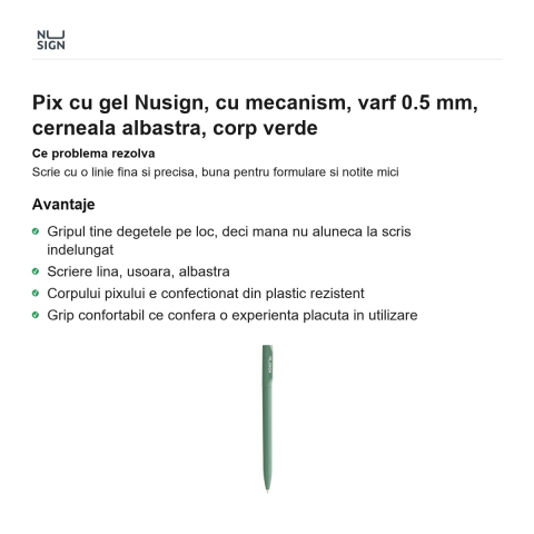 Pix cu gel Nusign, cu mecanism, varf 0.5 mm, cerneala albastra, corp verde [1]