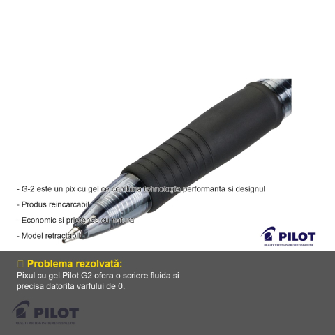 Pix cu gel retractabil Pilot G2, varf 0.7mm, cerneala neagra, grip ergonomic [1]