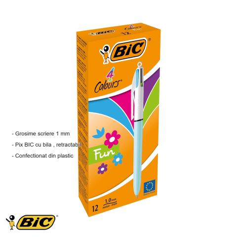 Pix cu mecanism 4 culori Bic Fun, varf 1 mm, cerneala colorata roz violet turcoaz verde, pentru notite creative [1]