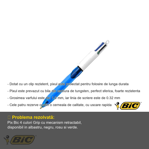 Pix cu mecanism 4 culori Bic Grip, varf mediu 1.0 mm, grip cauciucat, pentru scris confortabil [1]