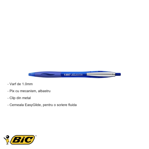 Pix cu mecanism Bic Atlantis Clic Soft, varf 1.0mm, cerneala albastra EasyGlide, scriere fluida [1]