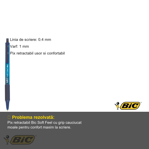 Pix cu mecanism Bic Soft Feel, varf 1.0 mm, scriere fluida albastra, pentru birou si scoala [2]