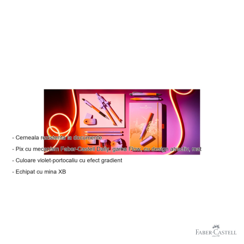 Pix cu mecanism Faber-Castell Flow Daily, mina XB, cerneala albastra, corp violet-portocaliu gradient din plastic reciclat [1]