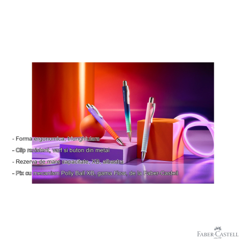 Pix cu mecanism Faber-Castell Flow Poly Ball XB, culoare bleu-roz gradient, forma triunghiulara ergonomica [1]