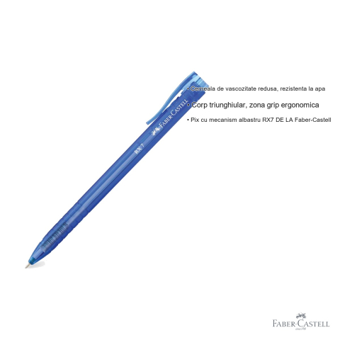 Pix cu mecanism Faber-Castell RX7, cerneala albastra rezistenta la apa, varf needle 0.7 mm, corp ergonomic triunghiular [2]