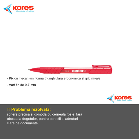 Pix cu mecanism Kores K6, varf fin 0.7 mm, forma triunghiulara ergonomica, cerneala rosie [1]