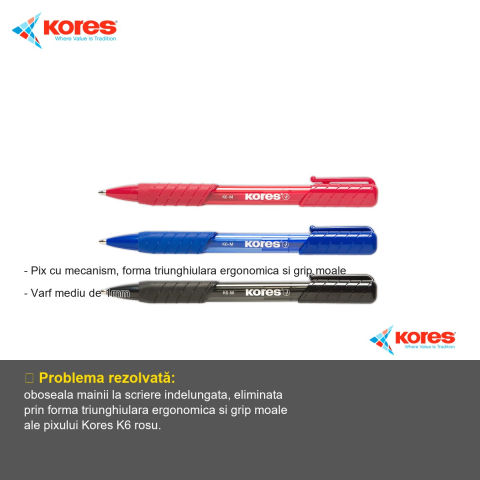 Pix cu mecanism Kores K6, varf mediu 1mm, forma triunghiulara ergonomica, cerneala rosie [1]