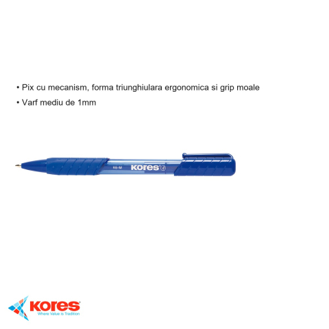 Pix cu mecanism Kores K6, varf mediu 1mm, grip moale, forma triunghiulara ergonomica, scriere albastra [2]