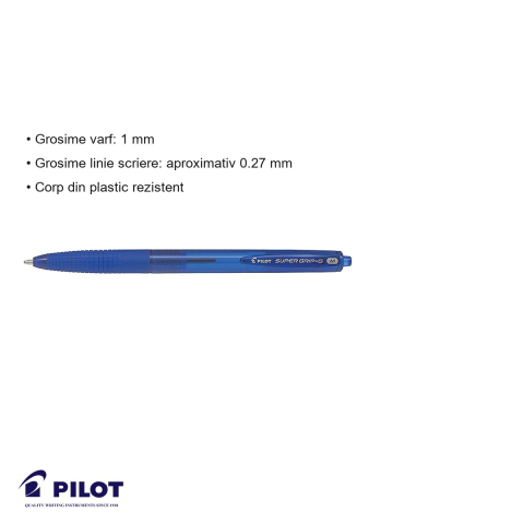 Pix cu mecanism retractabil Pilot Supergrip, varf 1 mm, cerneala albastra pe baza de ulei, grip confort [2]