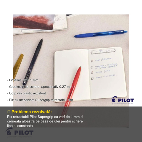 Pix cu mecanism retractabil Pilot Supergrip, varf 1 mm, cerneala albastra pe baza de ulei, grip confort [1]