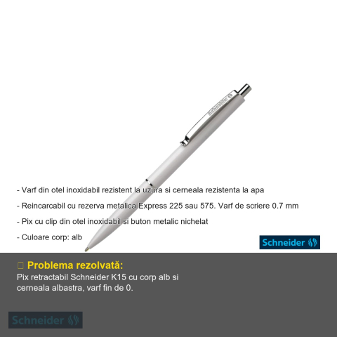 Pix cu mecanism Schneider K15, varf 0.7 mm, corp alb, scriere albastra, reincarcabil [1]