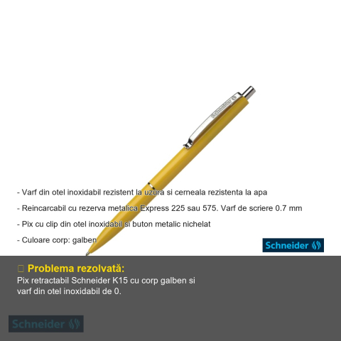 Pix cu mecanism Schneider K15, varf 0.7 mm, corp galben, scriere albastra, reincarabil [1]