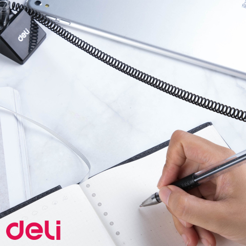 Pix cu suport adeziv si snur Deli, varf 0.5 mm, cerneala neagra, rotire 180 grade, pentru birou si ghiseu [3]
