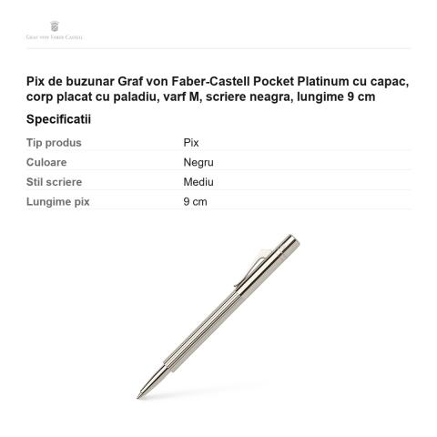 Pix de buzunar Graf von Faber-Castell Pocket Platinum cu capac, corp placat cu paladiu, varf M, scriere neagra, lungime 9 cm [2]