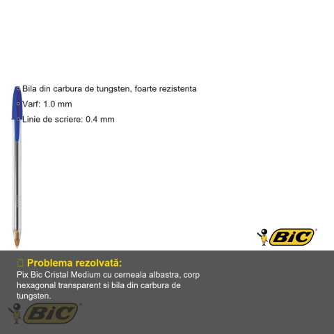 Pix de unica folosinta Bic Cristal Medium, varf 1.0 mm, cerneala albastra, corp transparent hexagonal [2]