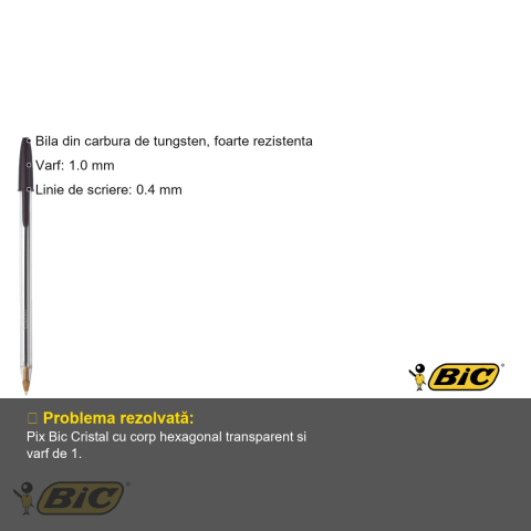 Pix de unica folosinta Bic Cristal Medium, varf 1.0 mm, cerneala neagra, corp hexagonal transparent [2]