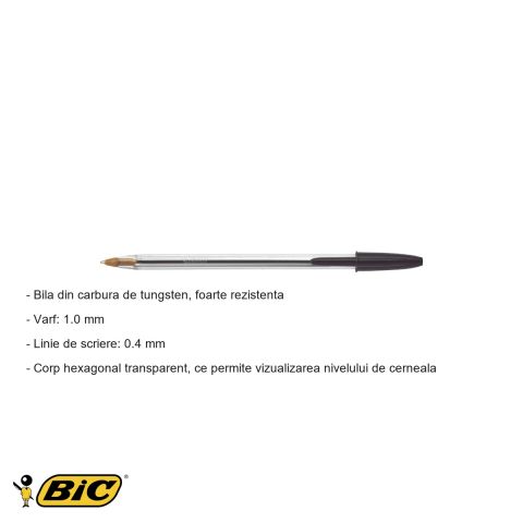 Pix de unica folosinta Bic Cristal Medium, varf 1.0 mm, cerneala neagra, corp hexagonal transparent [1]