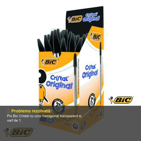 Pix de unica folosinta Bic Cristal Medium, varf 1.0 mm, cerneala neagra, corp hexagonal transparent [3]