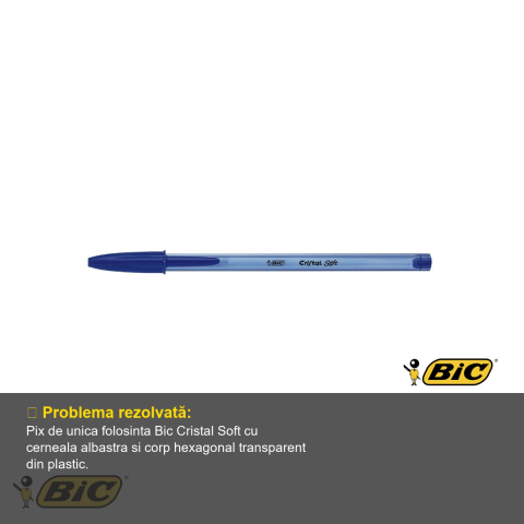 Pix de unica folosinta Bic Cristal Soft, corp hexagonal transparent, cerneala albastra [3]