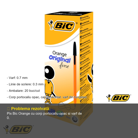 Pix de unica folosinta Bic Orange, varf 0.7 mm, cerneala neagra, set 20 bucati [1]