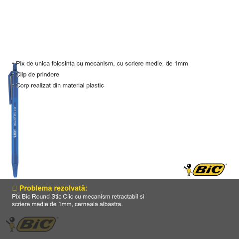 Pix de unica folosinta Bic Round Stic Clic, scriere medie 1mm, albastru, cu mecanism retractabil [2]