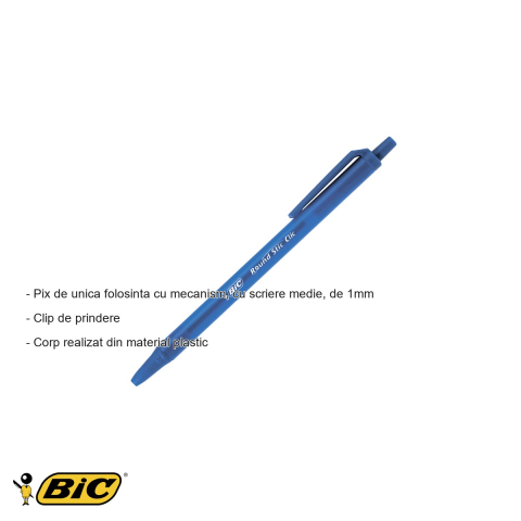 Pix de unica folosinta Bic Round Stic Clic, scriere medie 1mm, albastru, cu mecanism retractabil [1]