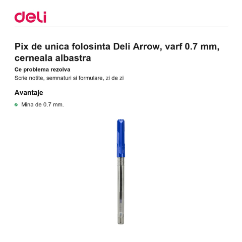 Pix de unica folosinta Deli Arrow, varf 0.7 mm, cerneala albastra [1]