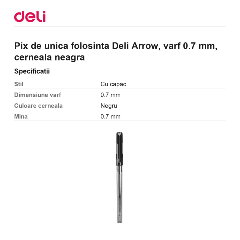 Pix de unica folosinta Deli Arrow, varf 0.7 mm, cerneala neagra [2]