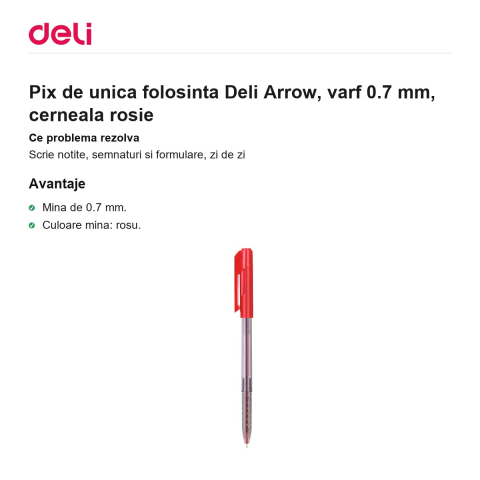 Pix de unica folosinta Deli Arrow, varf 0.7 mm, cerneala rosie [1]