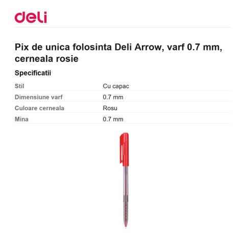 Pix de unica folosinta Deli Arrow, varf 0.7 mm, cerneala rosie [2]