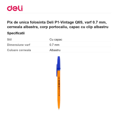 Pix de unica folosinta Deli P1-Vintage Q6S, varf 0.7 mm, cerneala albastra, corp portocaliu, capac cu clip albastru [2]